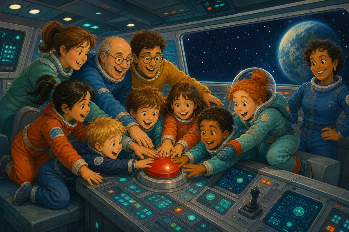 Vier Erwachsene und sechs Kinder im Raketencockpit drücken gemeinsam den großen roten Knopf